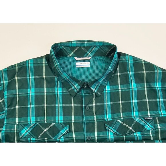 Colmbia Size 3X Mens Green Check Omni Shade Back Vent Logo Tag Polyester Shirt - Picture 12 of 12